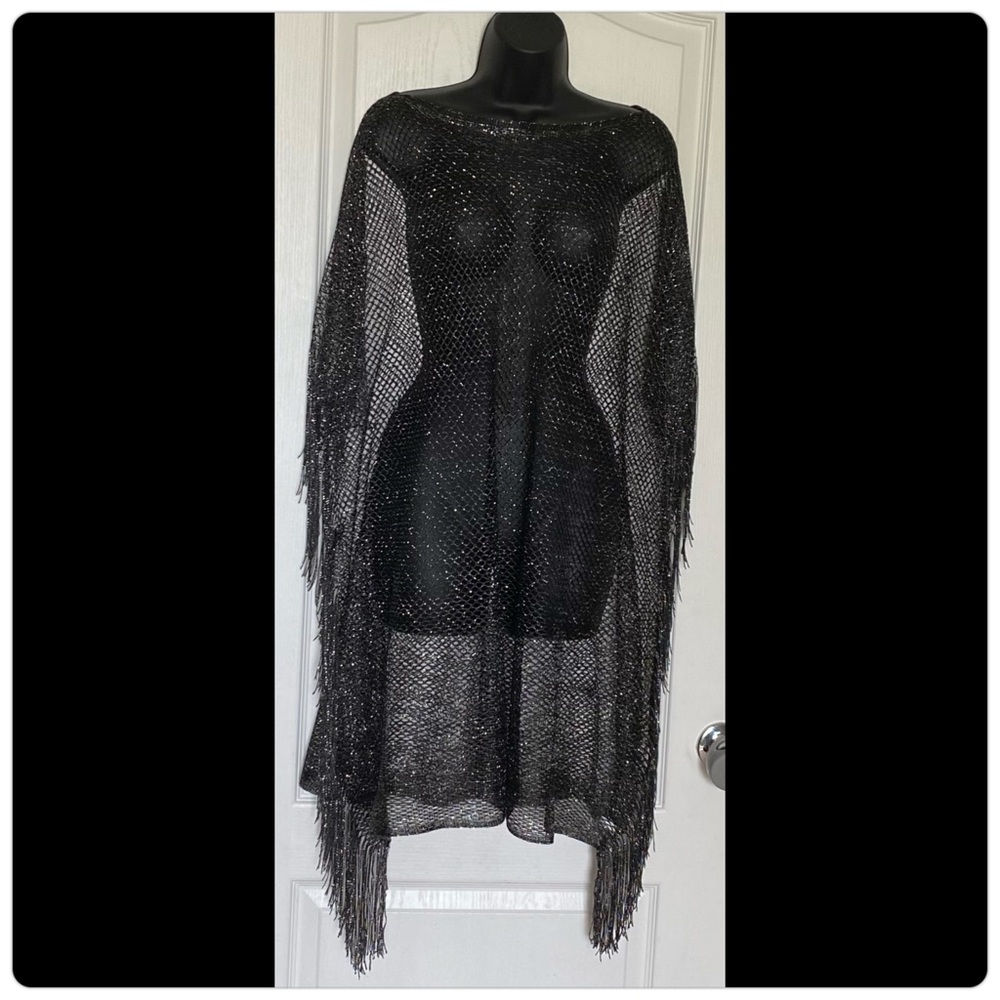 Black Open Weave Lurex Poncho